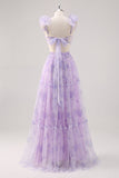 Lavender A-Line Pleated Cut-Out Print Tulle Long Bridesmaid Dress