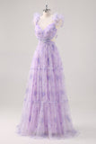 Lavender A-Line Pleated Cut-Out Print Tulle Long Bridesmaid Dress