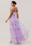 Lavender A-Line Pleated Cut-Out Print Tulle Long Bridesmaid Dress