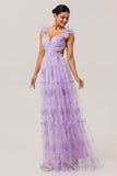 Lavender A-Line Pleated Cut-Out Print Tulle Long Bridesmaid Dress