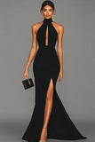 Black Mermaid Halter Neck Satin Long Formal Dress