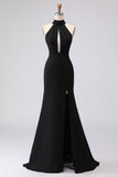 Black Halter Neck Mermaid Satin Long Formal Dress