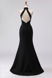 Black Halter Neck Mermaid Satin Long Formal Dress
