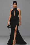 Mermaid Black Halter Keyhole Plus Size Satin Long Formal Dress with Slit
