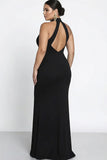 Mermaid Black Halter Keyhole Plus Size Satin Long Formal Dress with Slit