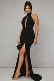 Mermaid Black Halter Keyhole Plus Size Satin Long Formal Dress with Slit