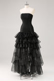 Black Strapless Tiered Tulle Ruffles Evening Dress