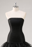 Black Strapless Tiered Tulle Ruffles Evening Dress