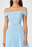Off the Shoulder Sky Blue A Line Ruched Chiffon Formal Dress
