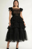 Black A Line Tiered Ruffled Tulle Plus Size Midi Formal Dress