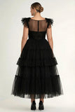 Black A Line Tiered Ruffled Tulle Plus Size Midi Formal Dress
