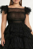 Black A Line Tiered Ruffled Tulle Plus Size Midi Formal Dress