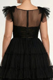 Black A Line Tiered Ruffled Tulle Plus Size Midi Formal Dress