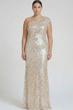 Sparkly Champagne Mermaid One Shoulder Plus Size Long Formal Dress with Sequins