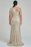 Sparkly Champagne Mermaid One Shoulder Plus Size Long Formal Dress with Sequins