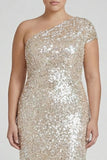 Sparkly Champagne Mermaid One Shoulder Plus Size Long Formal Dress with Sequins