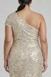 Sparkly Champagne Mermaid One Shoulder Plus Size Long Formal Dress with Sequins