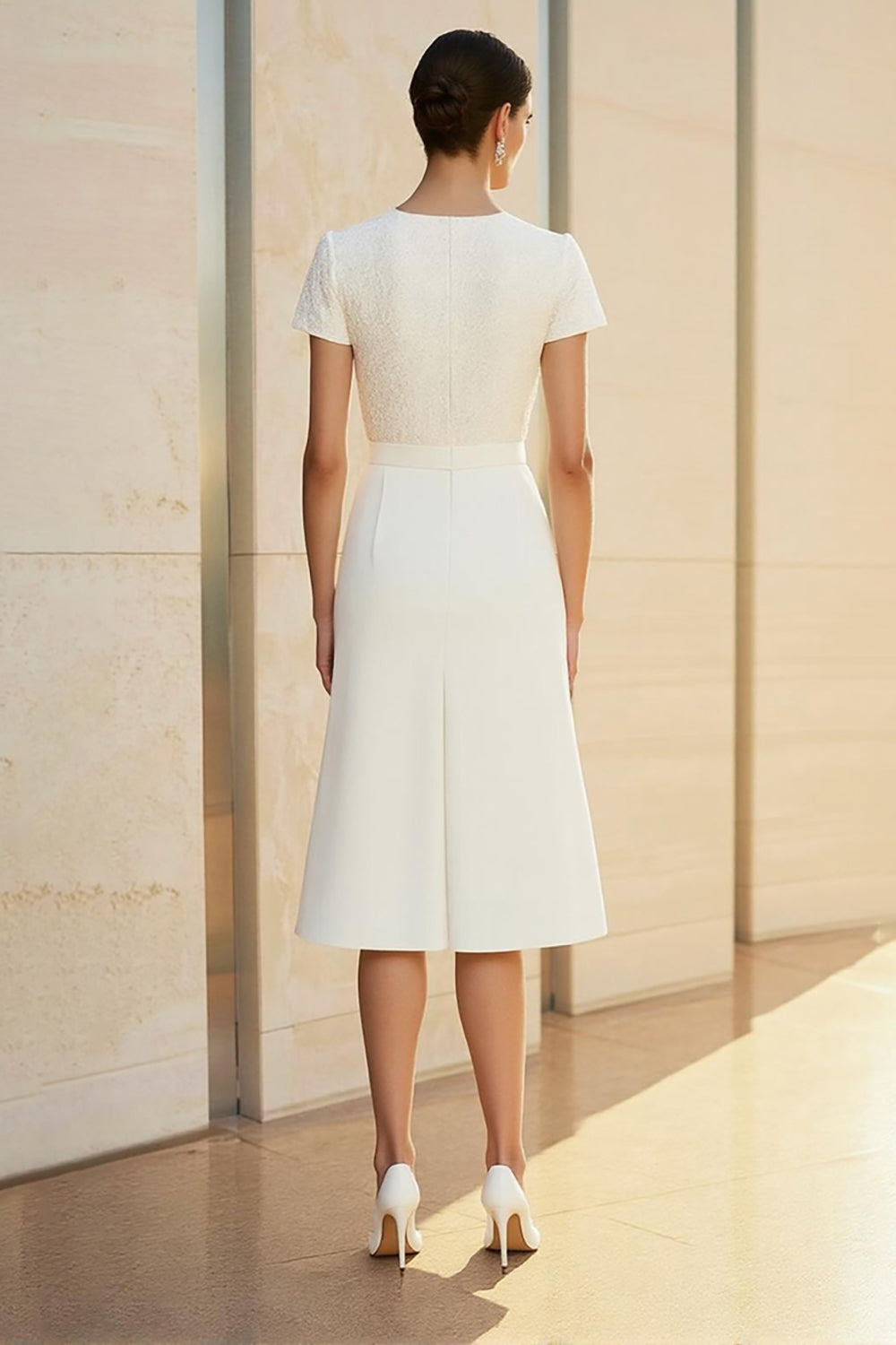 WEDTREND Women White Formal Dress Round Neck Fitted Straight Pencil