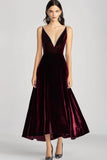 Burgundy Velvet V Neck Spaghetti Straps Formal Dress