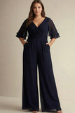 Navy V-neck Half Sleeve Chiffon Plus Size Mother of the Bride Jumpsuits