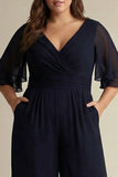 Navy V-neck Half Sleeve Chiffon Plus Size Mother of the Bride Jumpsuits