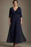 Navy V-neck Chiffon A-Line Plus Size Mother of the Bride Dress with Appliques