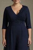 Navy V-neck Chiffon A-Line Plus Size Mother of the Bride Dress with Appliques