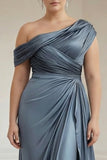 Grey Blue One Shoulder Ruched Satin Plus Size Mother of the Bride Dress with Ruffles