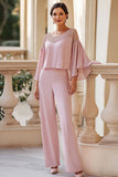 Pink Round Neck Chiffon Mum of the Bride Outfit with Beading