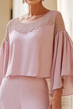 Pink Round Neck Chiffon Mum of the Bride Outfit with Beading