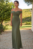 Matte Satin Olive Sheath Off the Shoulder Formal Dress with Belted