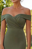 Matte Satin Olive Sheath Off the Shoulder Formal Dress with Belted
