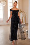 Black Mermaid Off The Shoulder Sequin Formal Dress