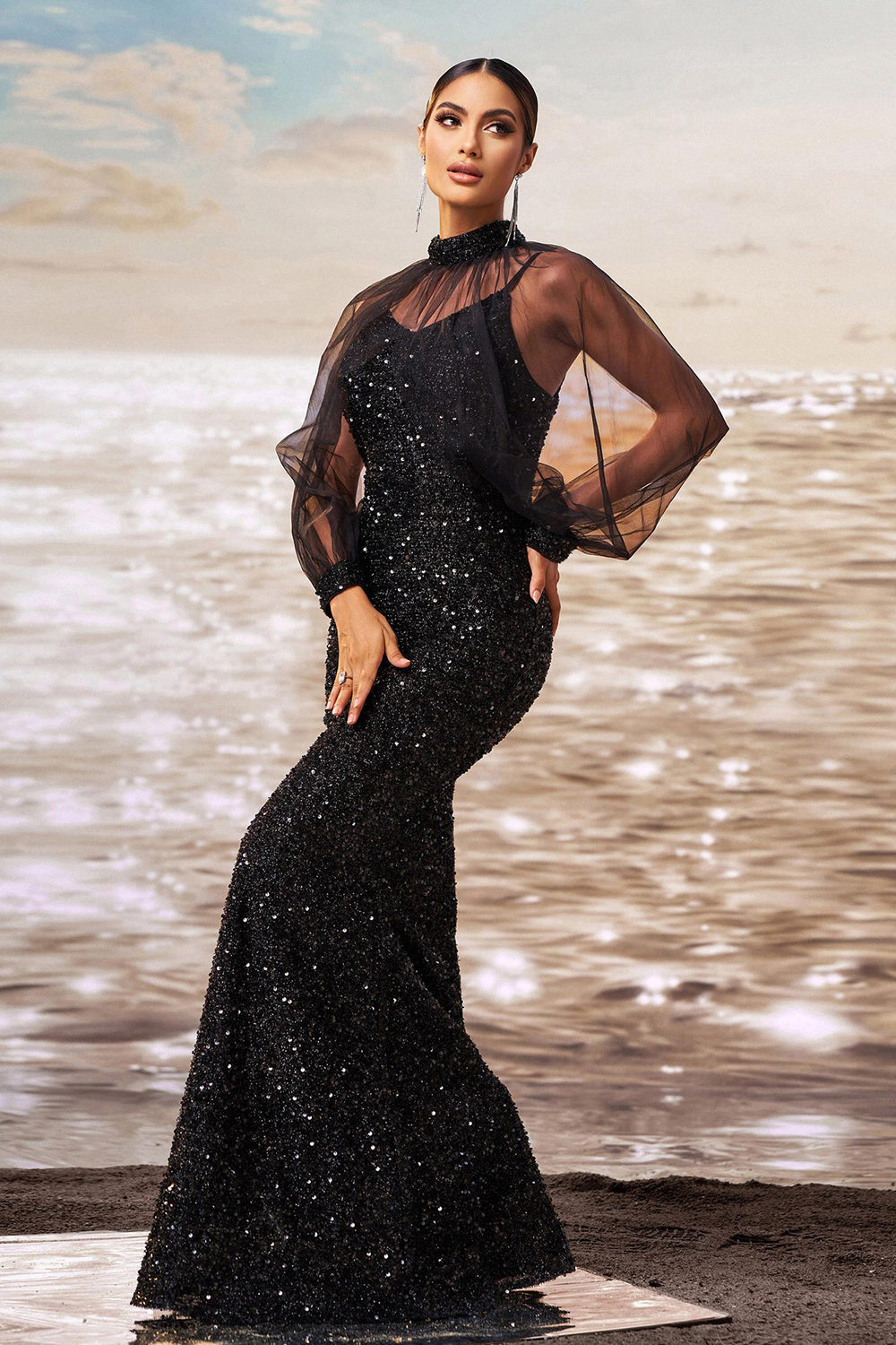 WEDTREND Women Sparkly Mermaid Black Long Sleeves Prom Dress Tulle Evening Dress Wedtrend UK WEDTREND Women Sparkly Mermaid Black Long Sleeves Prom Dress Tulle Evening Dress Wedtrend UK