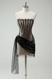 Sparkly Strapless Sequin Little Black Dress with Streamer
