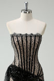 Sparkly Strapless Sequin Little Black Dress with Streamer