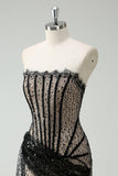 Sparkly Strapless Sequin Little Black Dress with Streamer