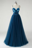 Sparkly Dark Blue A-Line Spaghetti Straps Mirror Long Prom Dress