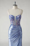 Sparkly Blue Mermaid Satin Floral Beaded Long Prom Dress with Slit