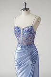Sparkly Blue Mermaid Satin Floral Beaded Long Prom Dress with Slit