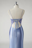 Sparkly Blue Mermaid Satin Floral Beaded Long Prom Dress with Slit