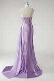 Sparkly Purple Sequins Ruched Corset Side Cape Satin Long Prom Dress with Slit