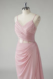 Blush Sheath Spaghetti Straps Corset Pleated Sheath Long Prom Dress