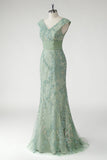 Green Mermaid V-Neck Sequins Cap Sleeves Prom Dress with Appliques