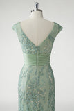 Green Mermaid V-Neck Sequins Cap Sleeves Prom Dress with Appliques