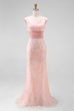 Green Mermaid V-Neck Sequins Cap Sleeves Prom Dress with Appliques