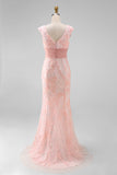 Green Mermaid V-Neck Sequins Cap Sleeves Prom Dress with Appliques
