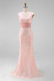 Green Mermaid V-Neck Sequins Cap Sleeves Prom Dress with Appliques