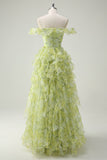 Dusty Sage A-Line Square Neck Ruffled Floral Long Prom Dress