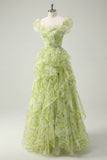 Dusty Sage A-Line Square Neck Ruffled Floral Long Prom Dress